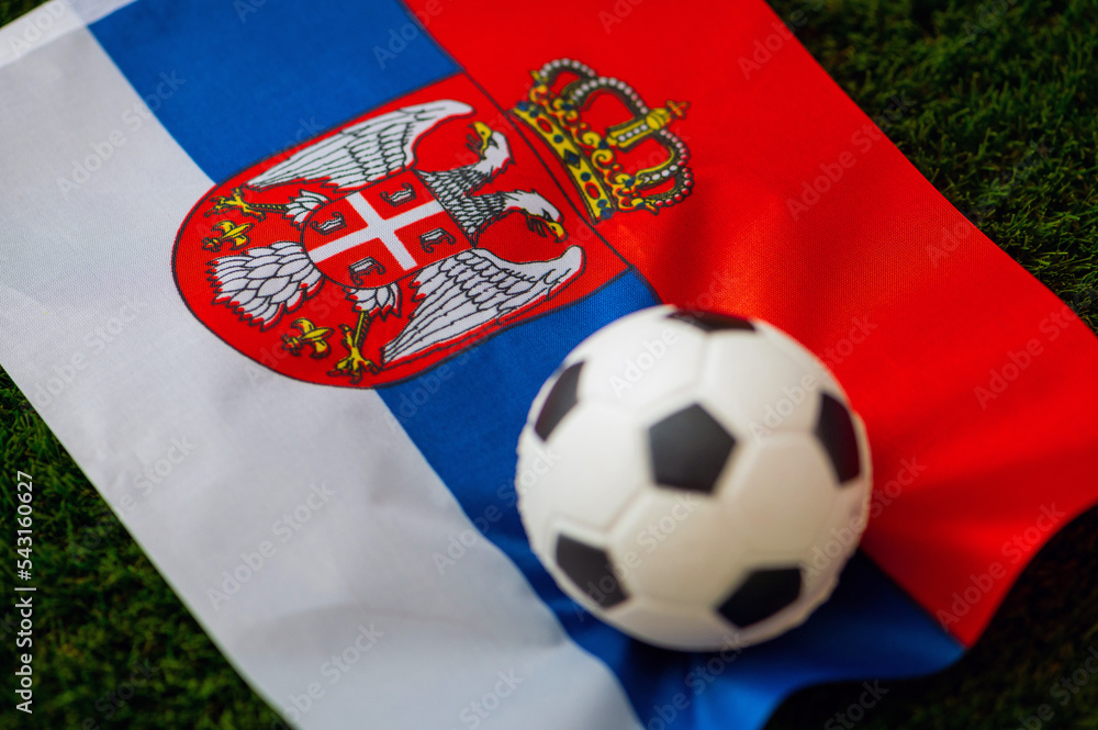 Serbia national football team. National Flag on green grass and soccer