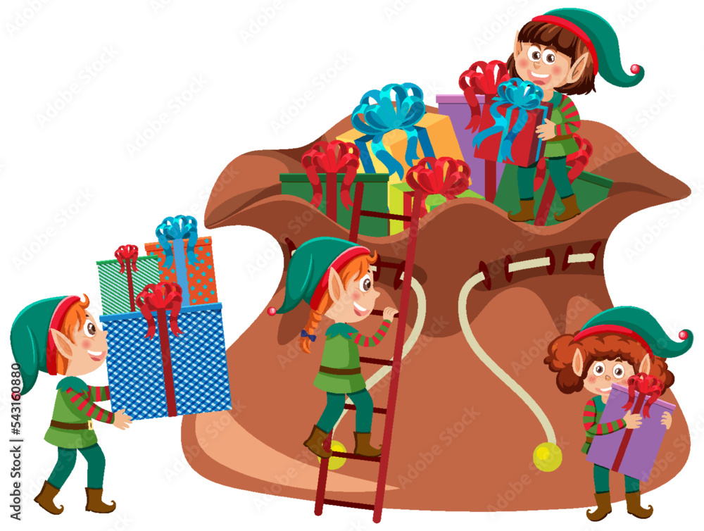 Naklejka premium Elves cartoon character with Christmas present