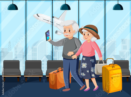 Senior couple travelers at airport terminal