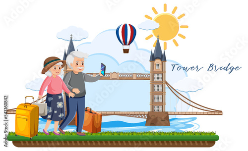 Elderly couple travelers with Tower Bridge London