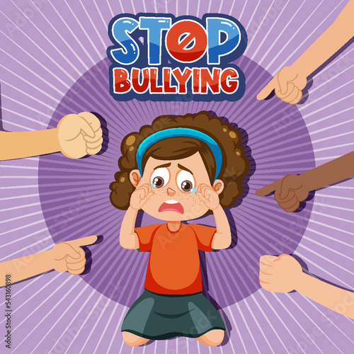 Stop Bullying text with kid surrounded by pointing fingers