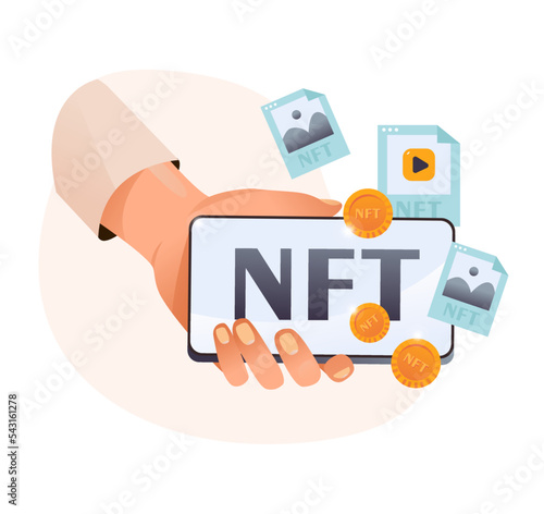 Hand holds a smartphone with nft-marketplace based on blockchain technology, on the screen NFT non-fungible token and digital items with cryptographic art for sale on the Internet market. 
