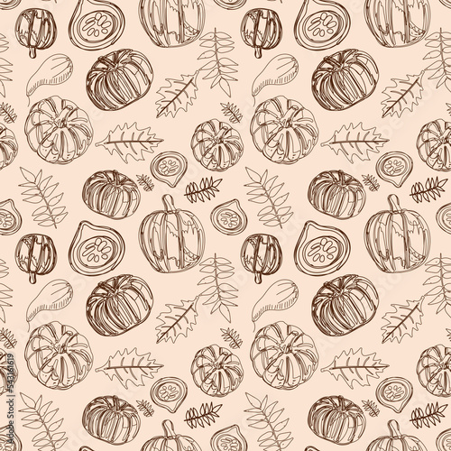 Seamless pattern with pumpkins for Fall on white and beige striped background. Cut pumpkins. autumn textile.