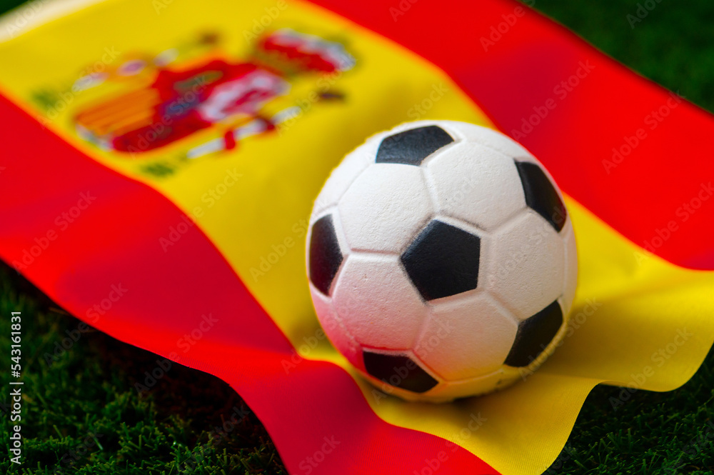 Spain national football team. National Flag on green grass and soccer