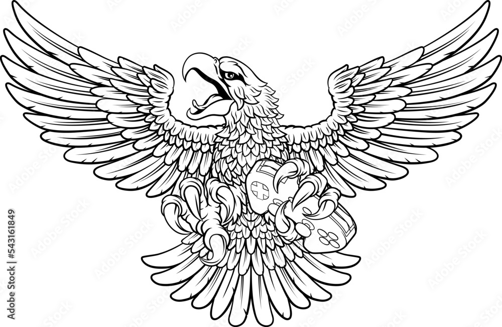 Obraz premium A bald eagle or hawk flying with a video game controller in its claws. Gamer e sports cartoon mascot