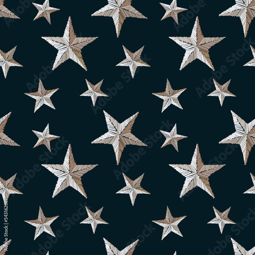 Silver stars on a dark background seamless pattern. For greeting cards, wrapping papers.