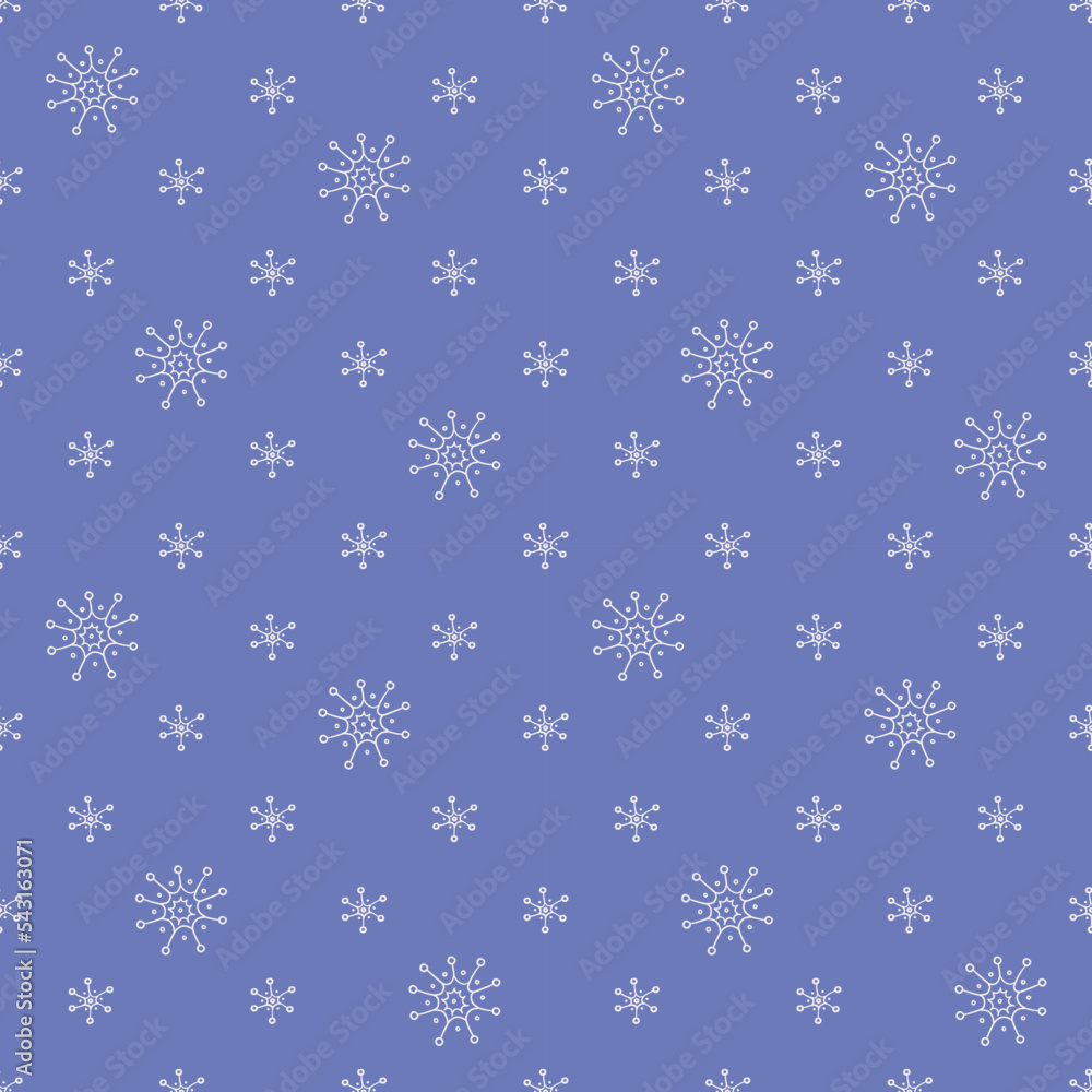 Winter pattern with hand drawn snowflakes. Cute monochrome vector print on blue background. Christmas theme.
