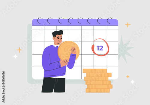 Payment calendar with deadline reminder and man holding big coin. Regular monthly tax or credit bill cash pay planning. Hand drawn vector illustration isolated on background, flat cartoon style