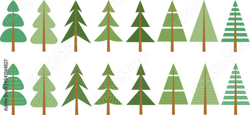 A collection of simple flat Christmas trees from different shapes. A large set of vector coniferous trees with patterns