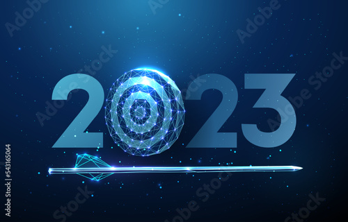 Abstract Happy 2023 New Year greeting card with arrow in darts board