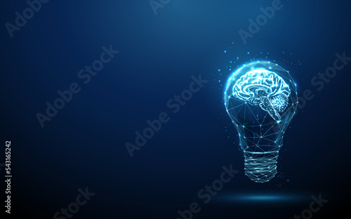 Abstract blue glowing light bulb with brains inside.