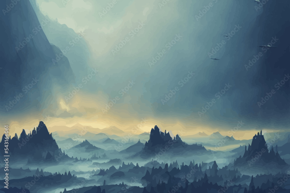 hand painting beautiful background battles landscape in fog war
