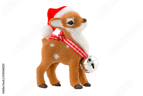 a toy. little deer in santa claus hat isolated on white background