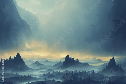 hand painting beautiful background battles landscape in fog war