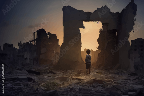 a boy child among the ruins of a city destroyed by war.
