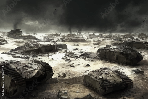 battlefield with broken tanks from world war