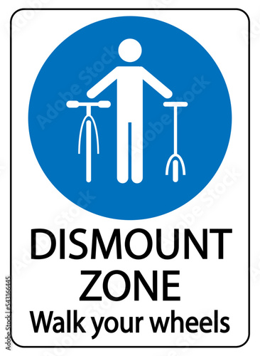 Dismount zone, you must walk your bicycle or scooter. Mandatory sign for urban pedestrian areas. photo