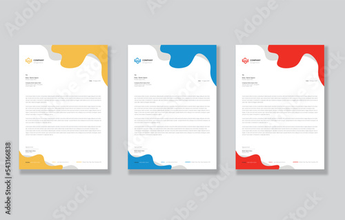 Elegant corporate business letterhead   wavy yellow, blue and red letterhead template