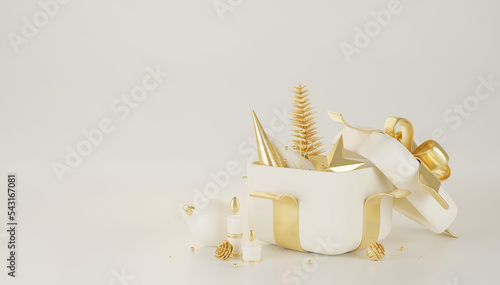 3D Christmas and New Year background.Luxury Style and Golden gifts box. Balls hanging on ribbon. Tree, Ribbon, Cherry, Candle, Pine Cones, Gift boxes.