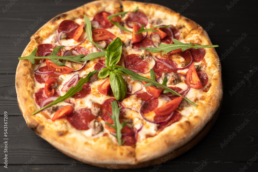 Pizza menu for Restaurants or pizzerias, template with delicious taste pepperoni pizza, mozzarella cheese and copy space