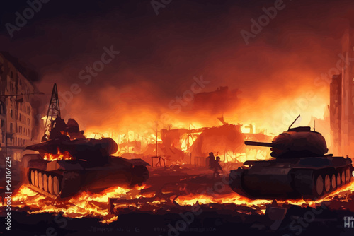 urban battlefield scene of war tank among burnt city