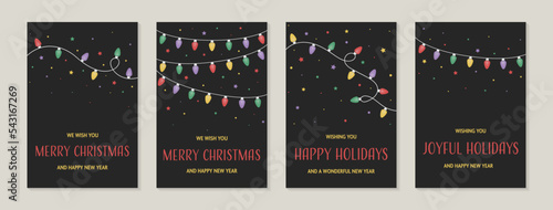 Christmas greeting cards set. Hanging hand drawn ornaments. Vector illustration