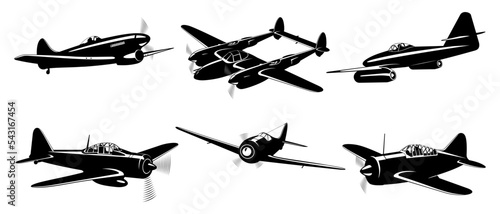 WWII Fighter Planes silhouettes collection isolated on white. Volume 2. Vector cliparts.
