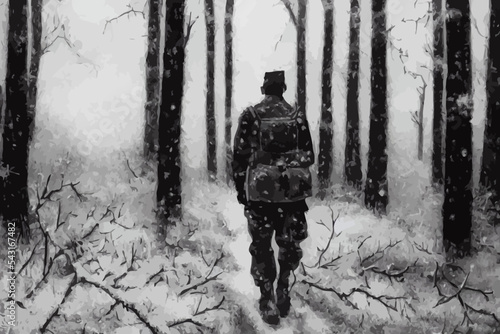 soldier standing in winter forest, war photo