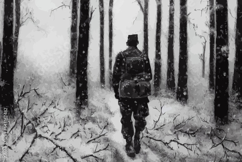 soldier standing in winter forest, war