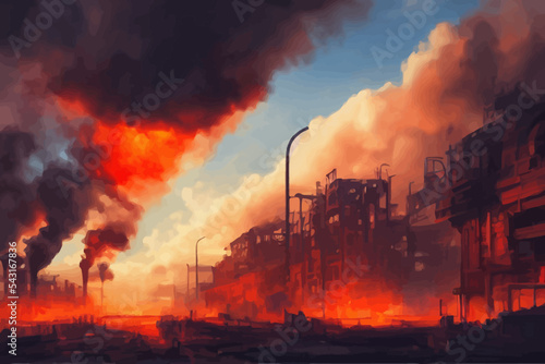rough industrial city on fire with clouds and smoke