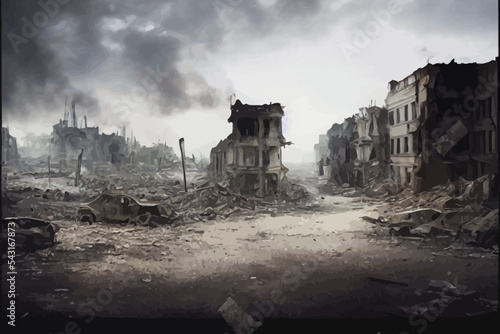 ruined abandoned city after war battle attack