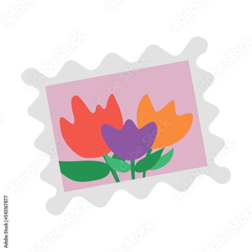 Women card with flowers, objects of delivery service. Vector illustration of mailman with bag isolated on white. Courier job