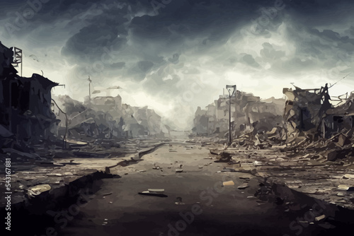 ruined abandoned city after war battle attack