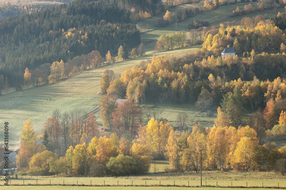 Idyllic autumn landscape on a sunny October morning. Sudetes Mountains, Czech Republic