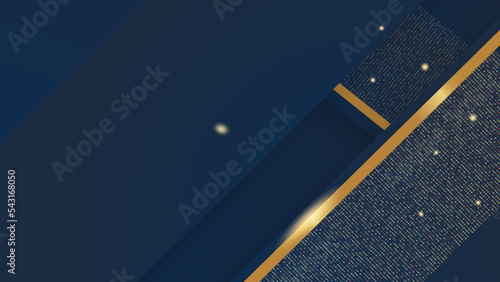 Dark navy blue and gold shapes on background with golden striped lines and glitter.