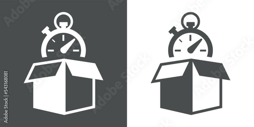 Logo entrega rápida. Icono aislado con silueta de caja de cartón abierta con cronómetro en fondo gris y fondo blanco