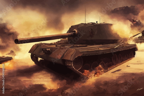 Tablou canvas the tank is in battle firing at the enemy, world war
