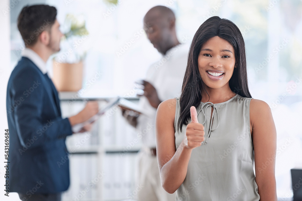 Thumbs up, leader and business woman in office, happy and smile with vision, goal and mission. Portrait, hand sign and black woman leadership in corporate, startup and company, excited and success Thumbs up, leader and business woman in office, happy and smile with vision, goal and mission. Portrait, hand sign and black woman leadership in corporate, startup and company, excited and success