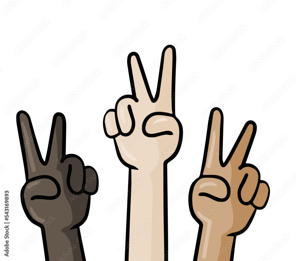 Obraz premium Multiculturalism and diversity. Cartoon Hands show victory sign