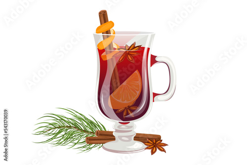 Mulled wine.A glass of drink with anise, orange, cinnamon. Christmas drink.Vector illustration.