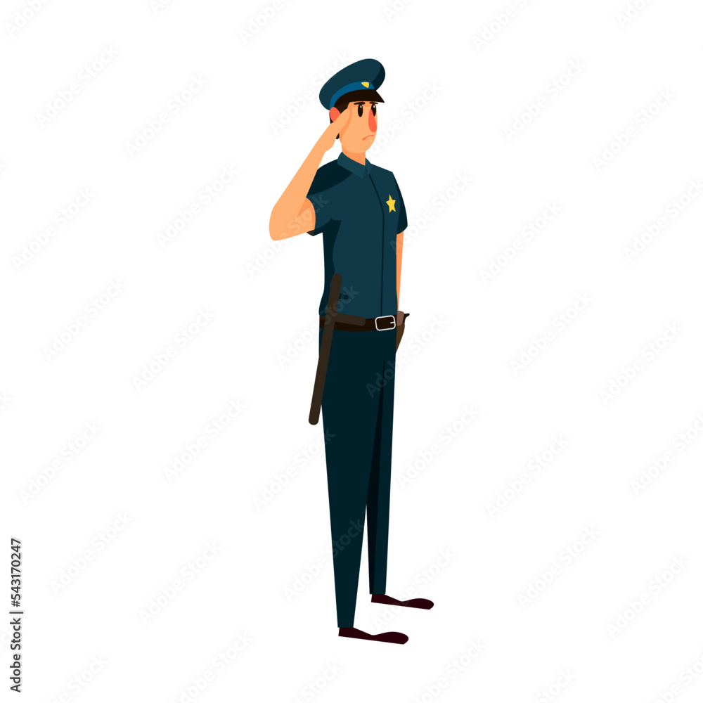 Policeman character gives a military salute. Vector illustration of patrol officer. Cartoon Policeman isolated on white