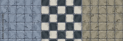 Set Stone wall from bricks, rock, game background in cartoon style, seamless textured surface. Ui game asset, road or floor material