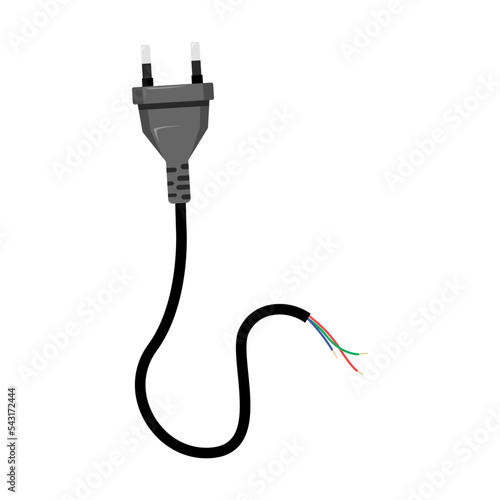 Broken electrical cable with household appliance plug. Vector illustration of damaged cord for power. Cartoon torn wires with plug isolated on white