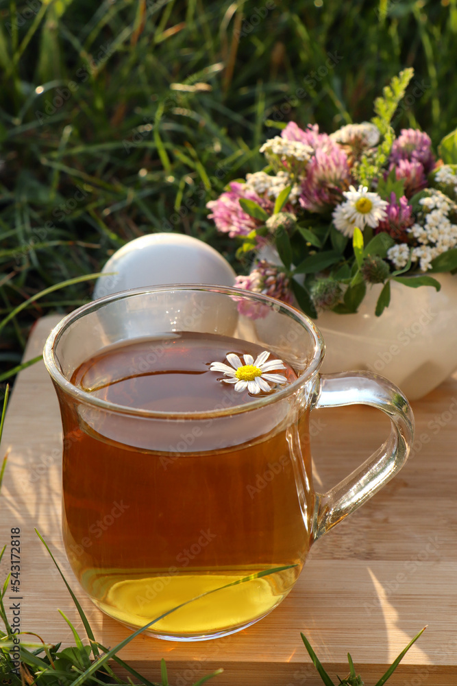 Cup of aromatic herbal tea, pestle and ceramic mortar with different wildflowers on green grass outdoors Cup of aromatic herbal tea, pestle and ceramic mortar with different wildflowers on green grass outdoors