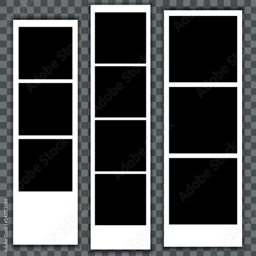 Photo booth picture frames. Vintage snapshots, instant photos and photographs strips. Photo box snapshot, photography picture card mockup isolated vector illustration icons set