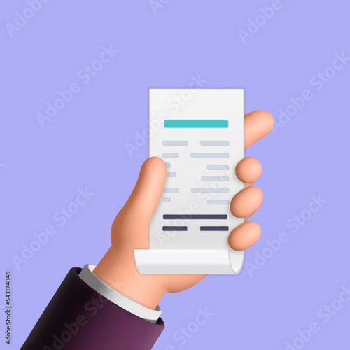 3d vector man office suit hand holds payment bill paper sheet invoice icon cartoon render design