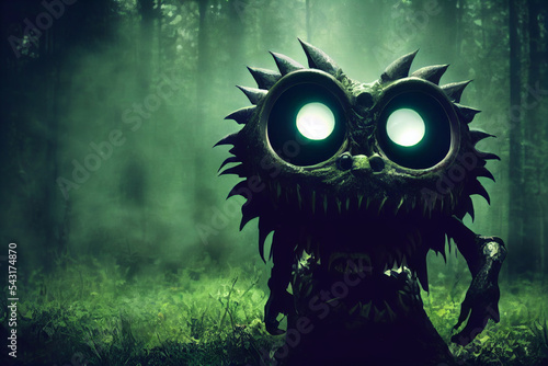 Scary and cute nightmare alien monster in the dark forest. Dangerous and friendly monster alien looking at the camera. Spirits of the forest