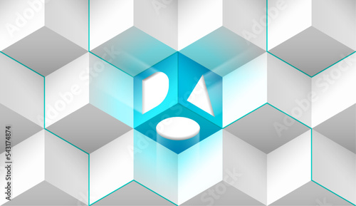 DAO vector illustration. Concept of Decentralized Autonomous Organisation, smart contract, cryptocurrency, blockchain technology for infographics. Abstract volumetric geometric background, wallpaper