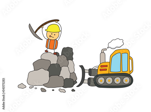 Vector Illustration kids drawing of Construction worker hitting and mining  with pickaxe with buldozer pushing rocks and dirts in a cartoon style