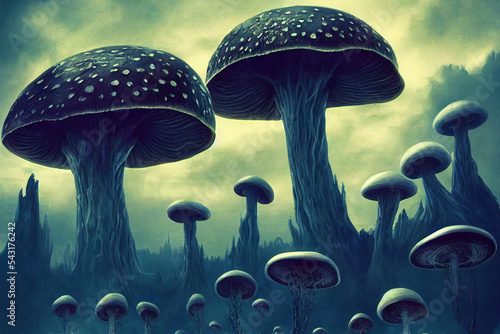 Sinister scary monster mushrooms. Group of nightmare horrid mushrooms, dark cold colors photo